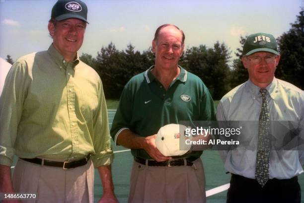 New York Jets Owner Woody Johnson meets with New Yok Governor George Pataki and Head Coach Al Groh at New York Jets minicamp at their Training...