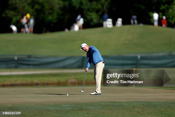 Billy Mayfair of the United States putts on the third hole during the final round of the Insperity Invitational at The Woodlands Golf Club on April...