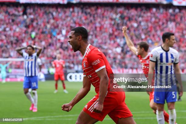 Serge Gnabry of FC Bayern Munich celebrates after scoring the team's first goal during the Bundesliga match between FC Bayern München and Hertha BSC...
