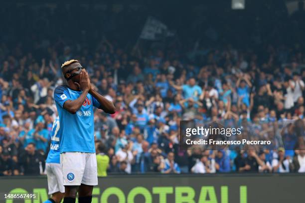 Victor Osimhen of SSC Napoli stands disappointed during the Serie A match between SSC Napoli and Salernitana at Stadio Diego Armando Maradona on...