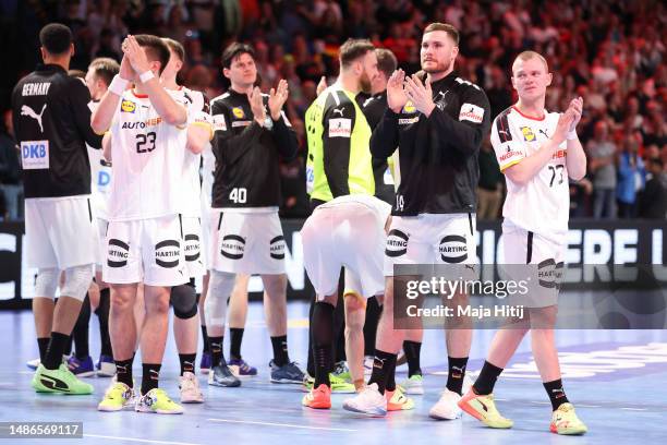 Players of Germany celebrate after winning the EHF Euro Cup match between Germany and Spain on April 30, 2023 in Berlin, Germany.