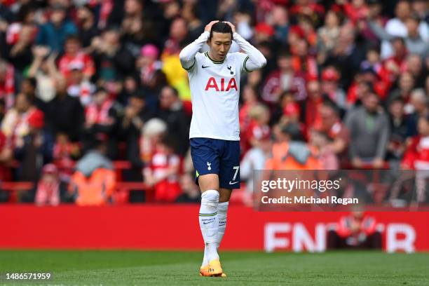 Son Heung-Min of Tottenham Hotspur looks dejected during the Premier League match between Liverpool FC and Tottenham Hotspur at Anfield on April 30,...