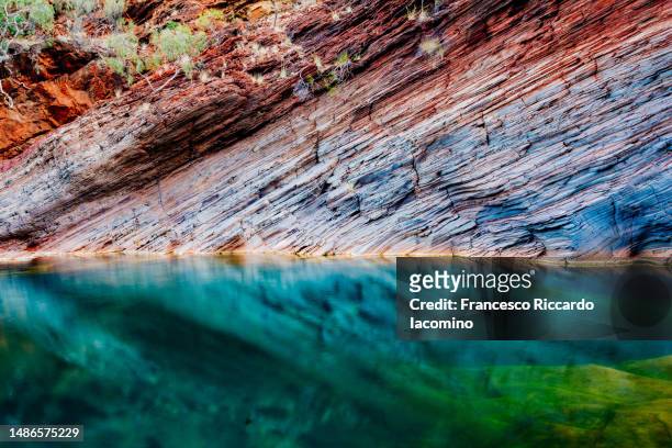karijini national park, australia. rock formation and water - rotsformatie stockfoto's en -beelden