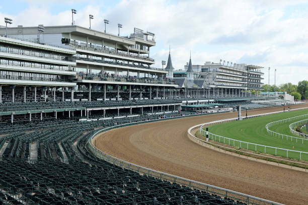 General view of the track from the new seating and viewing area on the first turn during the morning training for the Kentucky Derby at Churchill...