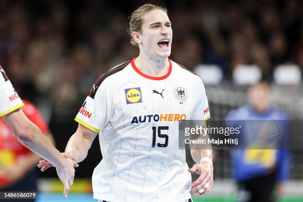 Juri Knorr of Germany reacts during the EHF Euro Cup match between Germany and Spain on April 30, 2023 in Berlin, Germany.