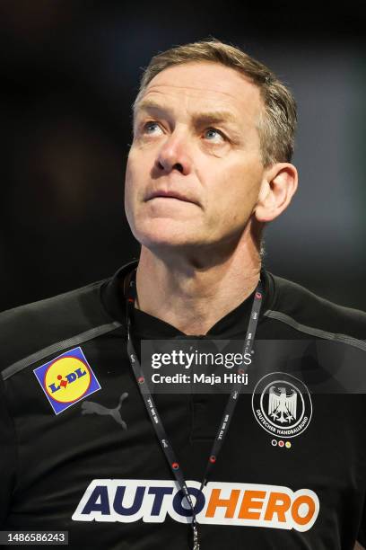 Alfred Gislason head coach of Germany looks on during the EHF Euro Cup match between Germany and Spain on April 30, 2023 in Berlin, Germany.