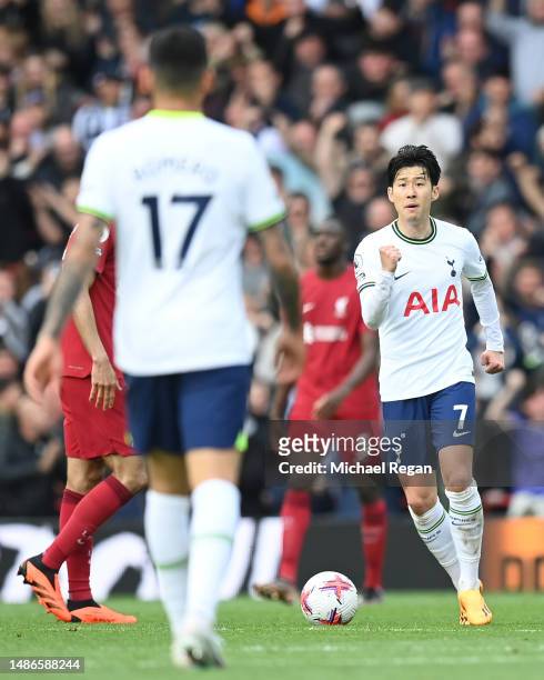 Son Heung-Min of Tottenham Hotspur celebrates after scoring the team's second goal during the Premier League match between Liverpool FC and Tottenham...