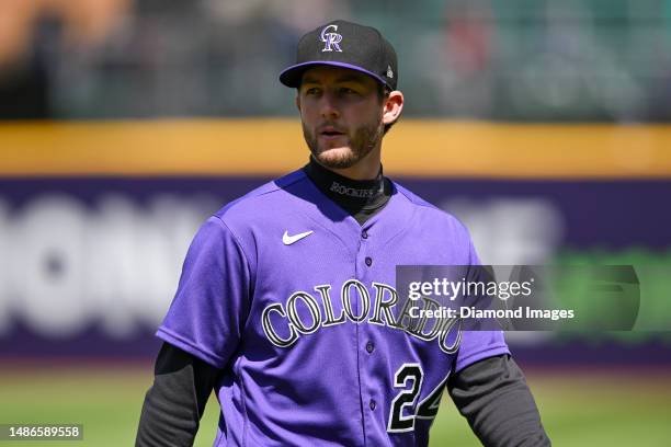 Ryan McMahon of the Colorado Rockies looks on prior to a game against the Cleveland Guardians at Progressive Field on April 26, 2023 in Cleveland,...