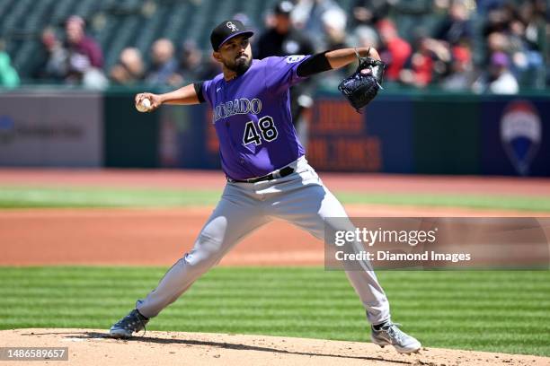 Germán Márquez of the Colorado Rockies throws a pitch during first inning against the Cleveland Guardians at Progressive Field on April 26, 2023 in...