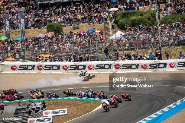 Jack Miller of Australia and Red Bull KTM Factory Racing leads the race - in the background Fabio Quartararo of France and Monster Energy Yamaha...