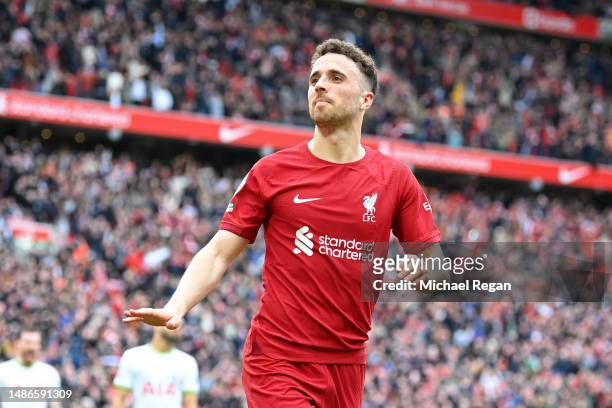 Diogo Jota of Liverpool celebrates after scoring the team's fourth goal during the Premier League match between Liverpool FC and Tottenham Hotspur at...