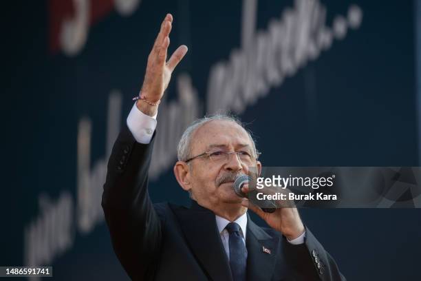 Leader of the Republican People's Party , Kemal Kilicdaroglu, and the presidential candidate of the Main Opposition alliance, speaks to supporters at...