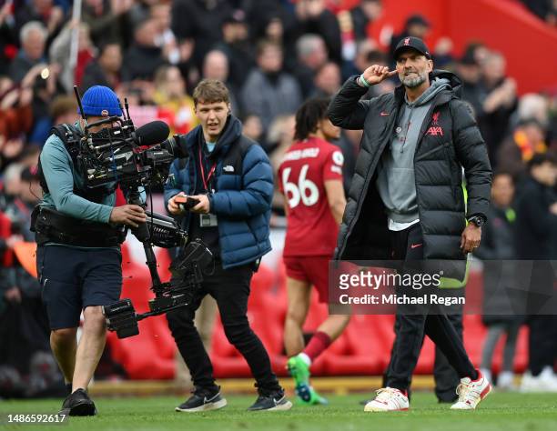 Juergen Klopp, Manager of Liverpool, celebrates following the team's victory during the Premier League match between Liverpool FC and Tottenham...