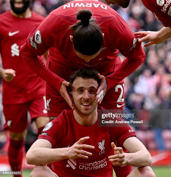 Diogo Jota of Liverpool celebrates after scoring the fourth goal during the Premier League match between Liverpool FC and Tottenham Hotspur at...