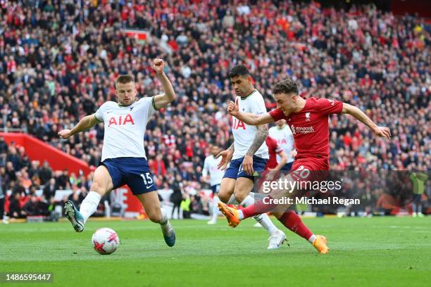 Diogo Jota of Liverpool scores to make it 4-3 during the Premier League match between Liverpool FC and Tottenham Hotspur at Anfield on April 30, 2023...
