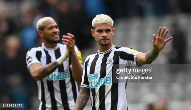 Newcastle players Joelinton and Bruno Guimaraes celebrate after the Premier League match between Newcastle United and Southampton FC at St. James...