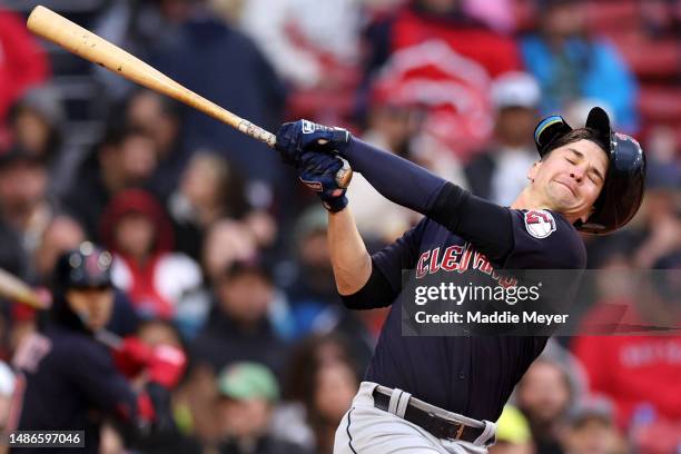 Will Brennan of the Cleveland Guardians loses his helmet at bat against the Boston Red Sox during the eighth inning at Fenway Park on April 29, 2023...
