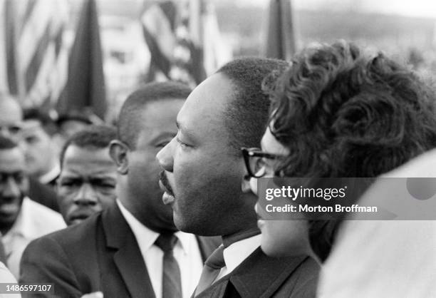 From right to left, Coretta Scott King, Dr. Martin Luther King, Jr., Ralph David Abernathy, and John Lewis at the conclusion of the Selma to...