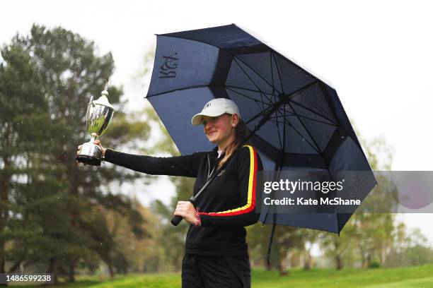 Champion, Antonia Steiner of Germany celebrates with the Angela Uzielli Trophy on Day Three of the R&A Girls U16 Amateur Championship at Enville Golf...