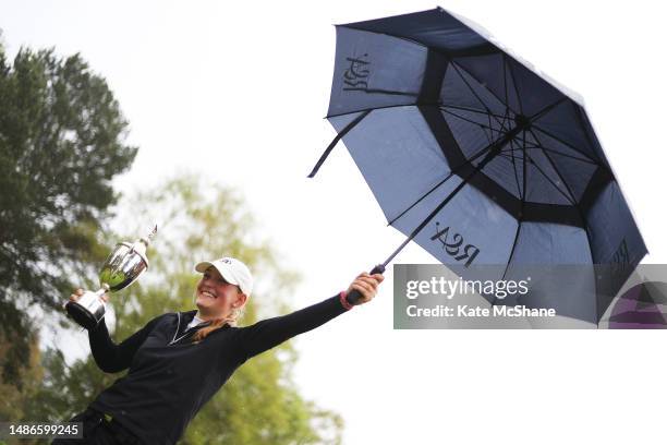 Champion, Antonia Steiner of Germany celebrates with the Angela Uzielli Trophy on Day Three of the R&A Girls U16 Amateur Championship at Enville Golf...