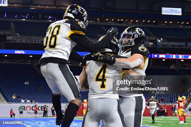 Bailey Gaither of the Pittsburgh Maulers celebrates his touchdown with teammates during the third quarter against the Philadelphia Stars at Ford...