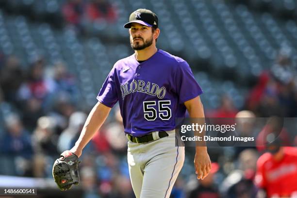 Brad Hand of the Colorado Rockies exits the game during the eighth inning against the Cleveland Guardians at Progressive Field on April 26, 2023 in...