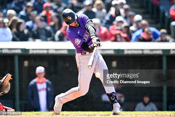 Kris Bryant of the Colorado Rockies bats during the eighth inning against the Cleveland Guardians at Progressive Field on April 26, 2023 in...