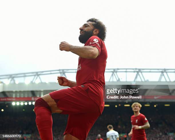 Mohamed Salah of Liverpool celebrates scoring his goal at the Premier League match between Liverpool FC and Tottenham Hotspur at Anfield on April 30,...