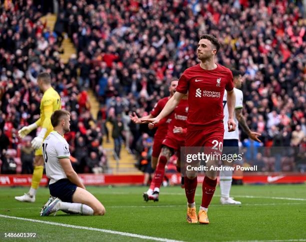 Diogo Jota of Liverpool celebrating after scoring the fourth goal making the score 4-3 during the Premier League match between Liverpool FC and...