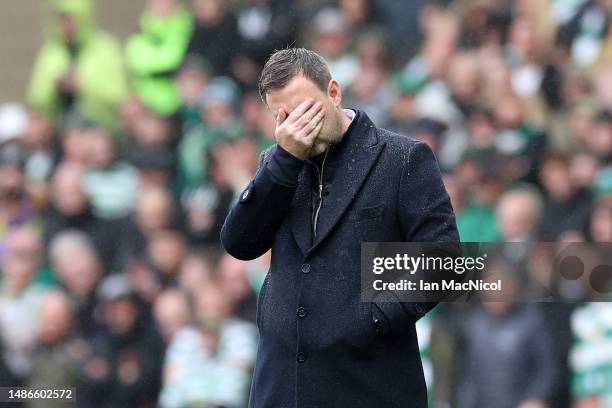 Michael Beale, Manager of Rangers, reacts during the Scottish Cup Semi Final match between Rangers and Celtic at Hampden Park on April 30, 2023 in...