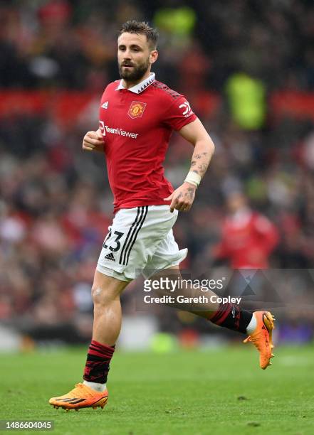 Luke Shaw of Manchester United during the Premier League match between Manchester United and Aston Villa at Old Trafford on April 30, 2023 in...