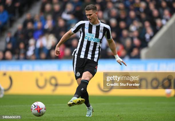 Newcastle player Sven Botman in action during the Premier League match between Newcastle United and Southampton FC at St. James Park on April 30,...