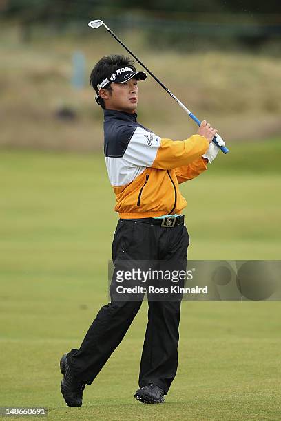 Kodai Ichihara of Japan watches a shot on the fourth hole during the first round of the 141st Open Championship at Royal Lytham & St Annes Golf Club...