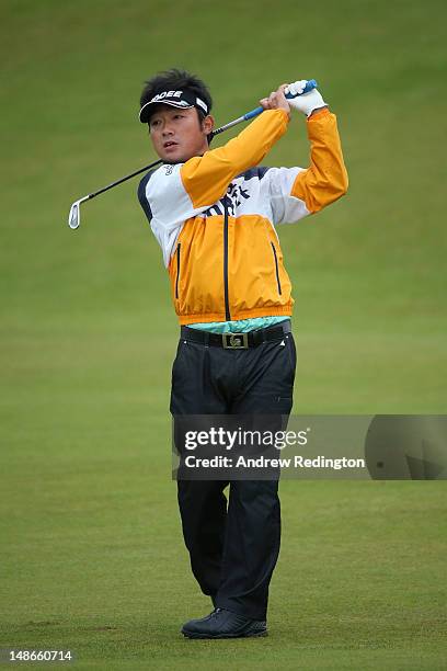 Kodai Ichihara of Japan hits a shot during the first round of the 141st Open Championship at Royal Lytham & St Annes Golf Club on July 19, 2012 in...