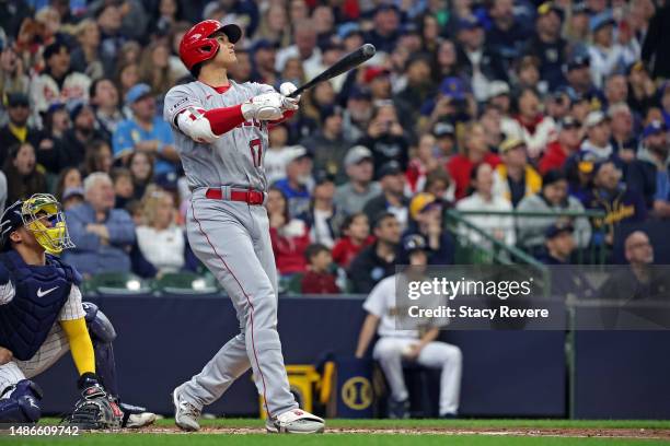 Shohei Ohtani of the Los Angeles Angels hits a home run during the third inning against the Milwaukee Brewers at American Family Field on April 30,...