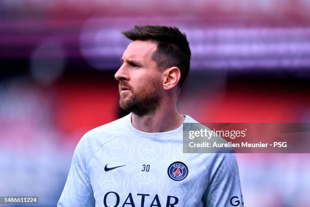 Leo Messi of Paris Saint-Germain warms up before the Ligue 1 match between Paris Saint-Germain and FC Lorient at Parc des Princes on April 30, 2023...