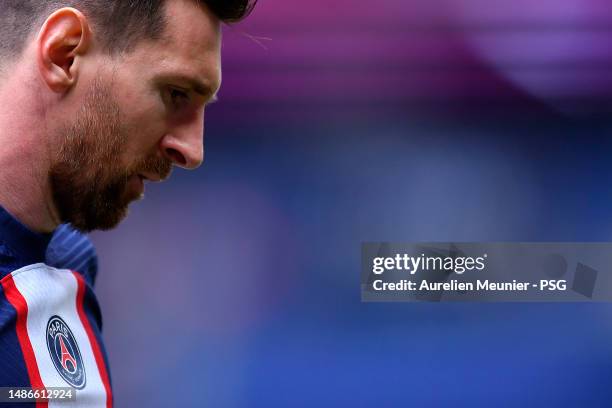 Leo Messi of Paris Saint-Germain looks on during the Ligue 1 match between Paris Saint-Germain and FC Lorient at Parc des Princes on April 30, 2023...