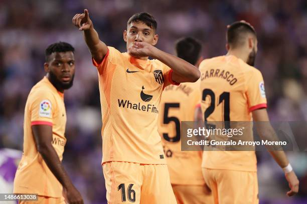 Nahuel Molina of Atletico Madrid celebrates after scoring the team's first goal during the LaLiga Santander match between Real Valladolid CF and...