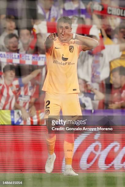 Jose Gimenez of Atletico Madrid celebrates after scoring the team's second goal during the LaLiga Santander match between Real Valladolid CF and...