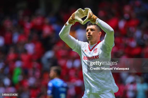 Tiago Volpi of Toluca celebrates after scoring by penalty the team's third goal during the 17th round match between Toluca and Necaxa as part of the...