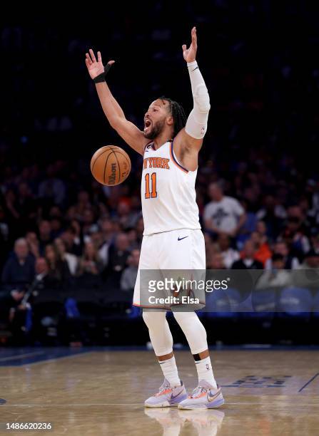 Jalen Brunson of the New York Knicks leads the off offense in the second half against the Miami Heat during game one of the Eastern Conference...