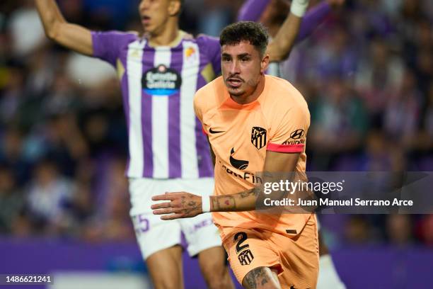 Jose Maria Gimenez of Club Atletico de Madrid celebrates after scoring his team's second goal during the LaLiga Santander match between Real...