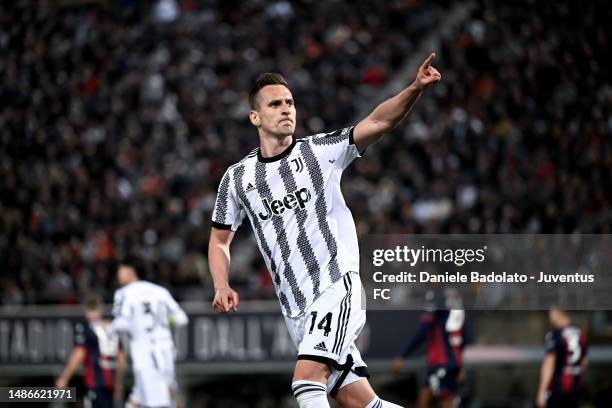 Arkadiusz Krystian Milik of Juventus celebrates after scoring his team's first goal during the Serie A match between Bologna FC and Juventus at...