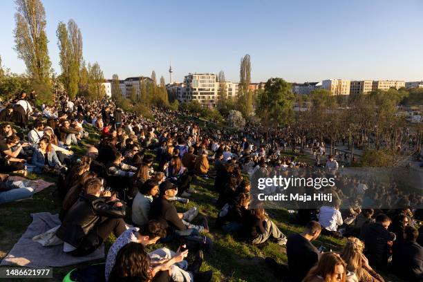 People gather at Mauerpark on Walpurgis night on April 30, 2023 in Berlin, Germany. Walpurgis is traditionally the night of witches in Germany.