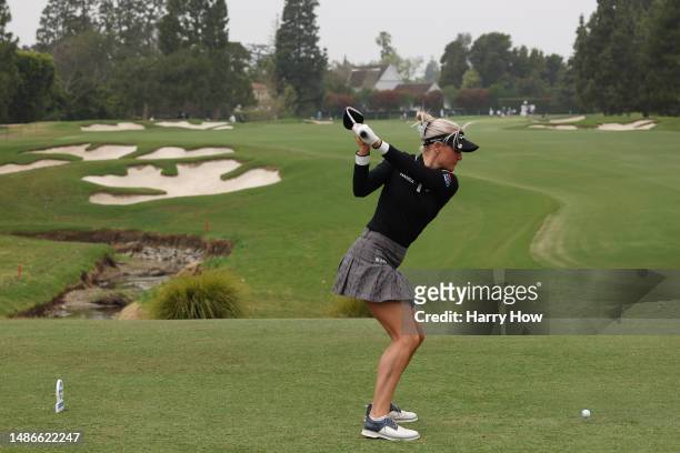 Charley Hull of England plays her shot from the first tee during the final round of the JM Eagle LA Championship presented by Plastpro at Wilshire...