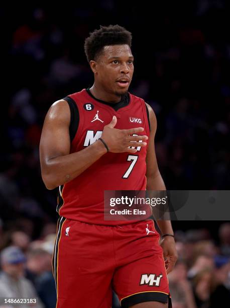 Kyle Lowry of the Miami Heat reacts in the fourth quarter against the New York Knicks during game one of the Eastern Conference Semifinals at Madison...