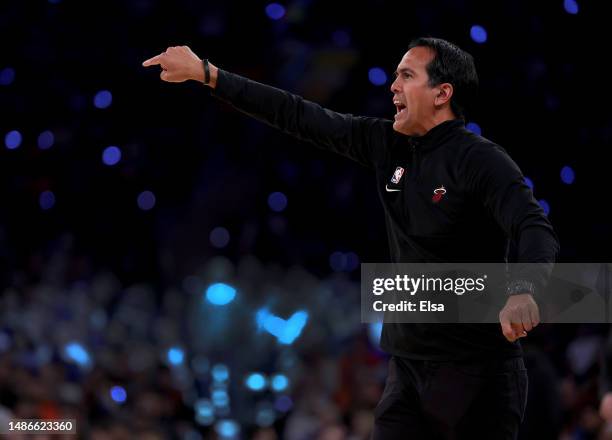 Head coach Erik Spoelstra of the Miami Heat directs his players in the second half against the New York Knicks during game one of the Eastern...