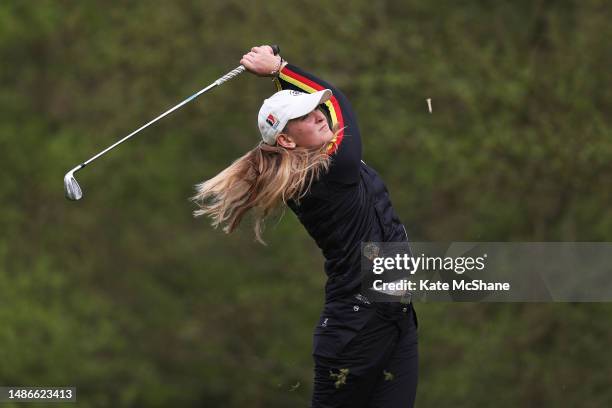 Antonia Steiner of Germany tees off on the 14th hole on Day Three of the R&A Girls U16 Amateur Championship at Enville Golf Club on April 30, 2023 in...