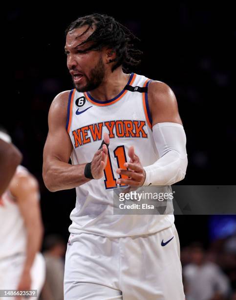 Jalen Brunson of the New York Knicks reacts and is given a technical foul in the second half against the Miami Heat during game one of the Eastern...