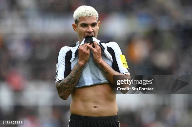 Newcastle player Bruno Guimaraes reacts during the Premier League match between Newcastle United and Southampton FC at St. James Park on April 30,...